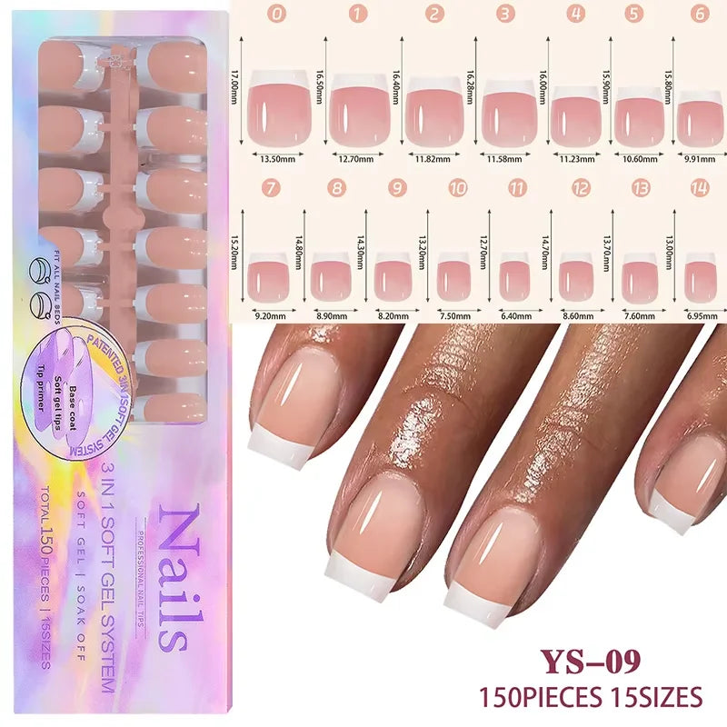 150Pcs/Box Acrylic Press on Nails Full Cover Fake False Tips Soft Gel Extension T-shaped Oval Capsule Almond Sculpted Salon DIY