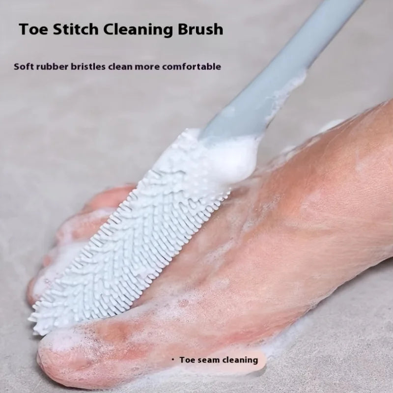 Ergonomic Long Handle Foot Scrub Brush, Soft Silicone Toe Cleaner, Exfoliating Foot Massage Bath Brush