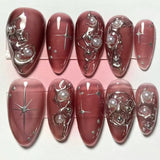 24Pcs Dark Press on Fake Nails with Black Glitter 3D Metallic Designs Sweet Cool Almond False Nails Detachable Nails Spice Girls