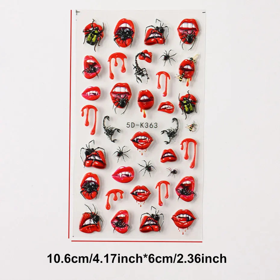 1/2pcs Charming Embossed Lips & Spider Nail Decals 5D Sexy Red Lip Nail Art Sticker Halloween Punk Style Manicure Accessories