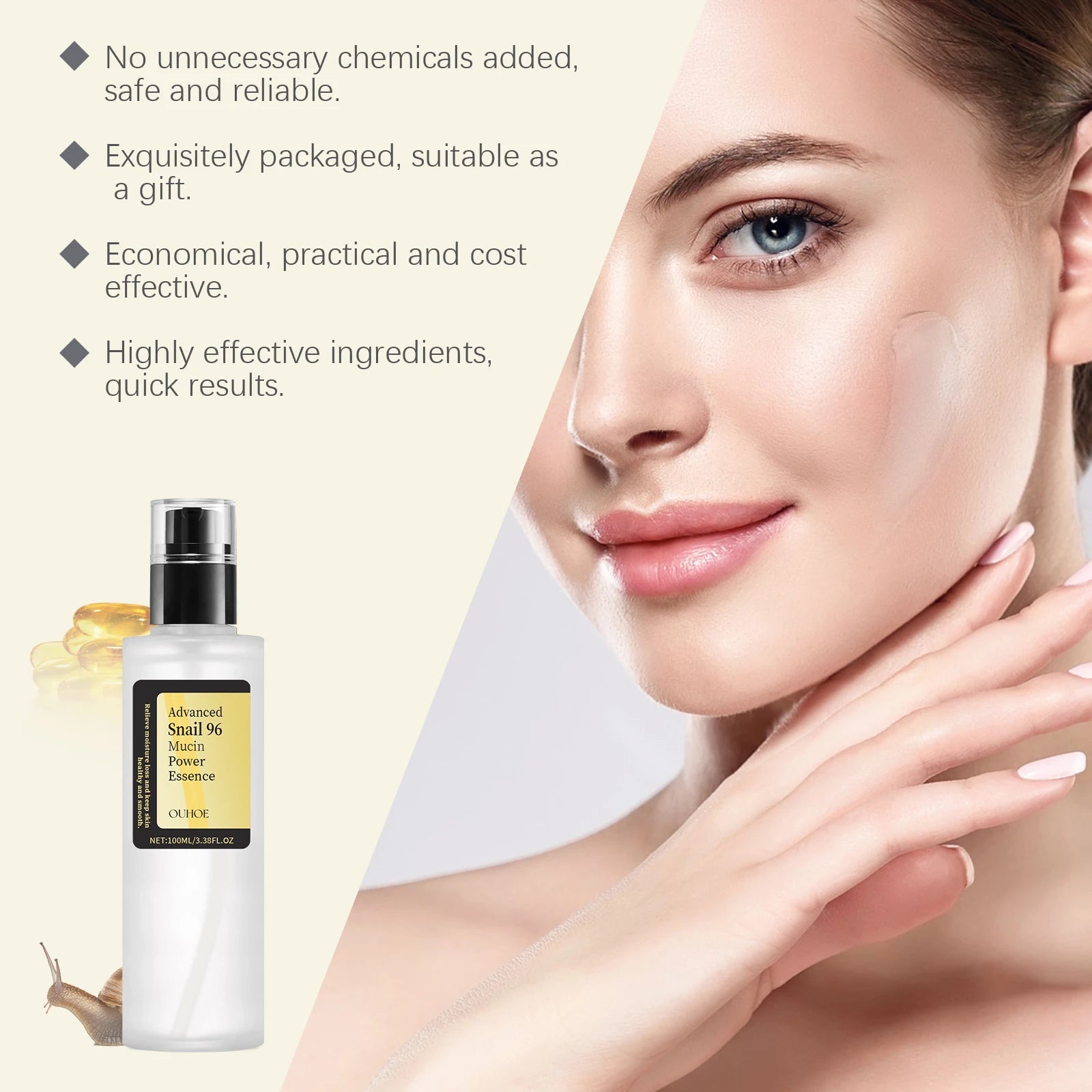 Snail Moisturizing Essence Water Hydrates and Moisturizes, Improves Skin Dryness, Brightening and Nourishing Facial Care Essence