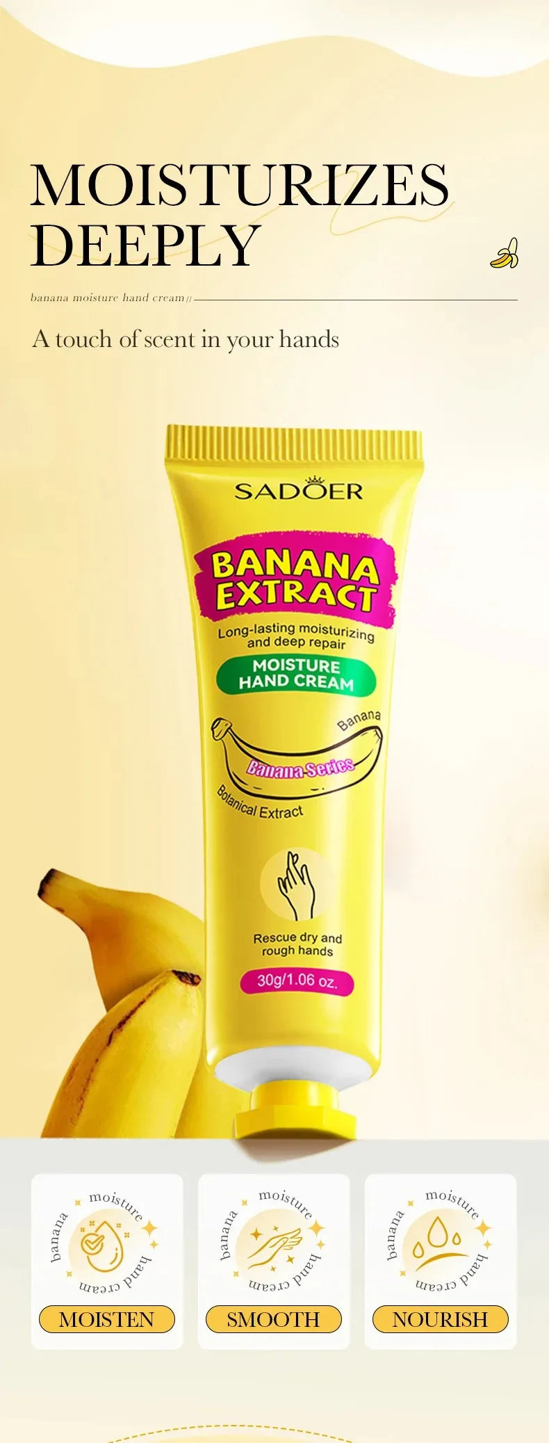 3/5Pcs Sadoer Banana Hand Cream Anti-Drying Crack Moisturizing Brightening Repairing Hand Creams for Hands Skin Care