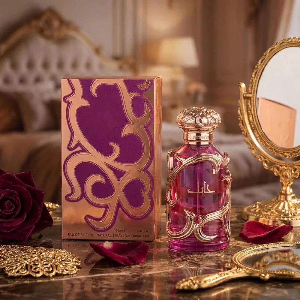 Luxury Habiik Decorative Women Perfume 100ml, Soft Pear Jasmine Oriental Fragrance, Rose Gold Engraved Metal Cage Pink Glass Bottle, Ready Gift Box for Her Birthday Holiday