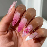 24Pcs Mid-length Gilded Almond Nails Set Press on 3D Flower Gradient Pink Full Cover False Nails Tips Pearl Reusable Fake Nails