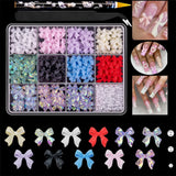 12Grid/Box Mixed Resin Bowknot Nail Charms 3D Colorful Bow Kawaii Rhinestone Nail Art Decorations DIY Manicure Parts Pen Tweezer