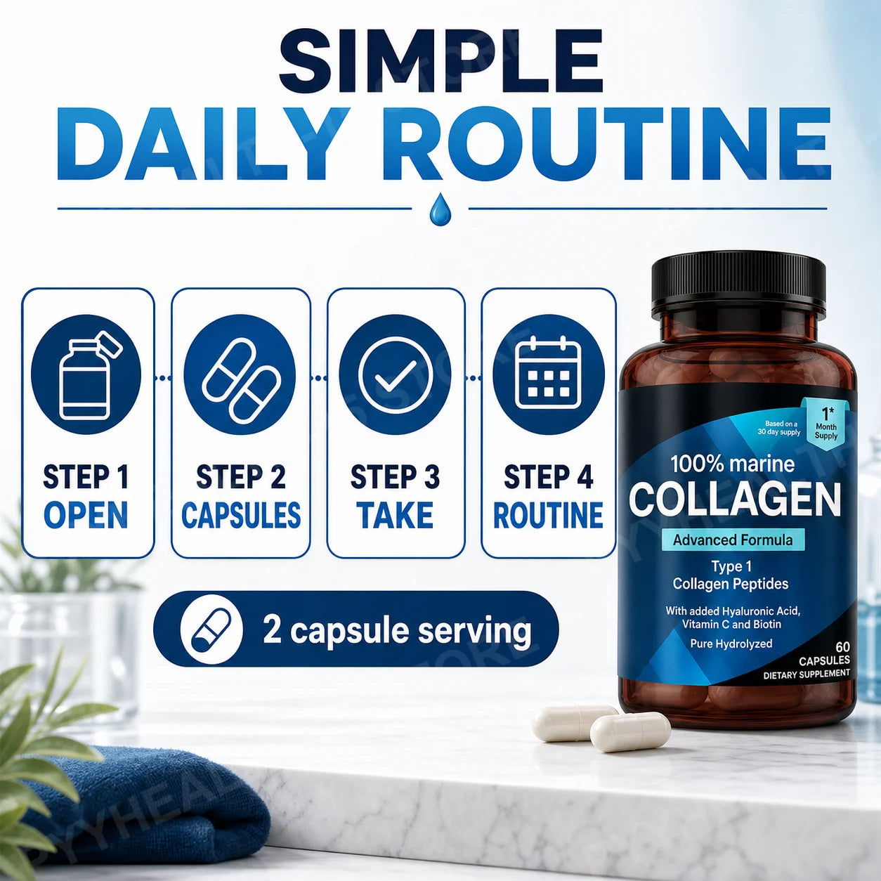 Marine Collagen Capsules for Women & Men, Type I Peptides with Hyaluronic Acid, Vitamin C & Biotin, Beauty Glow Nails, 60 Count