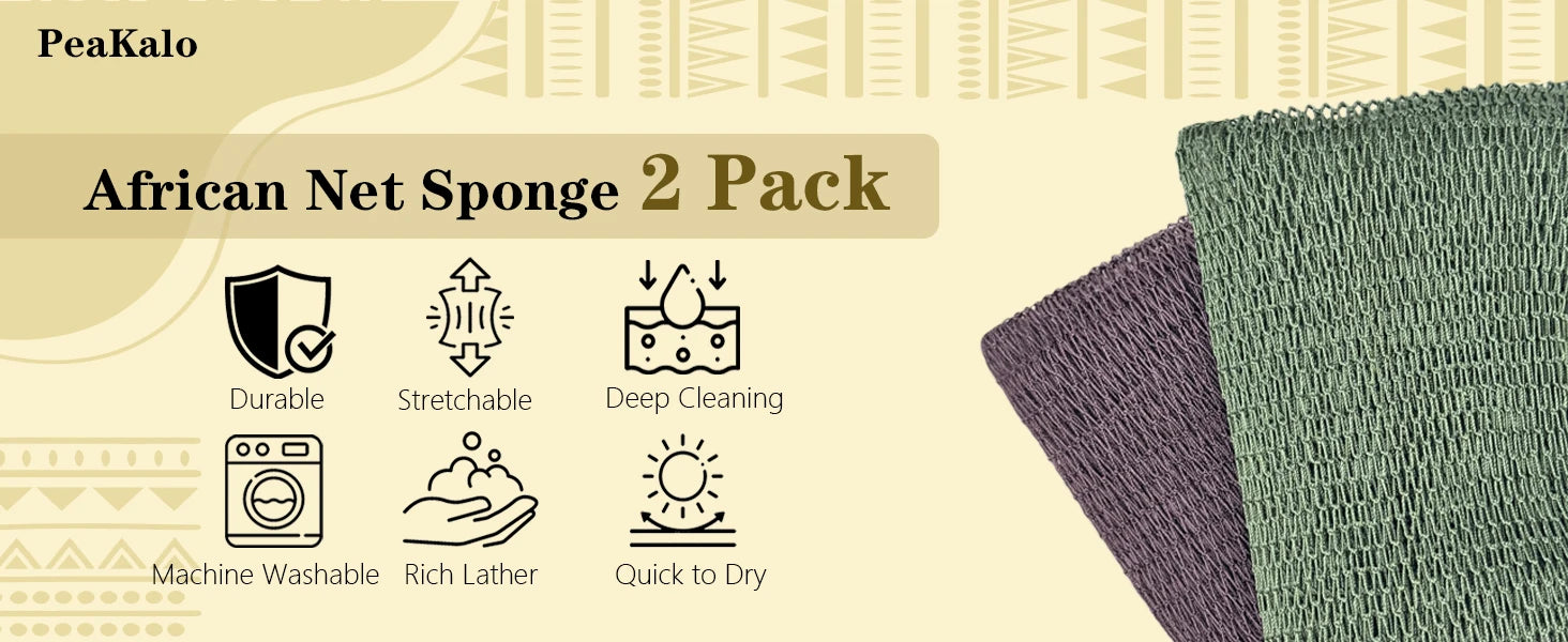 PeaKalo Authentic African Net Sponge-2Pcs Exfoliating Bath Shower Loofah Sponge, Gentle Back Scrubber for All Skin Types,Durable