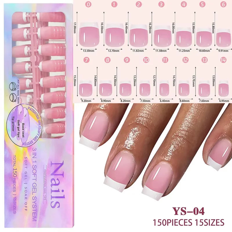 150Pcs/Box Acrylic Press on Nails Full Cover Fake False Tips Soft Gel Extension T-shaped Oval Capsule Almond Sculpted Salon DIY
