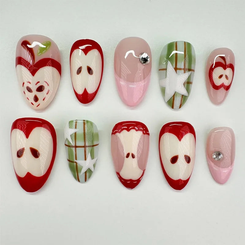 24pcs Wearable Press on Nails Strawberry Bow Design Nails Tips Red Short Almond Pearl Starlight Fake Nail Art Flower False Nails