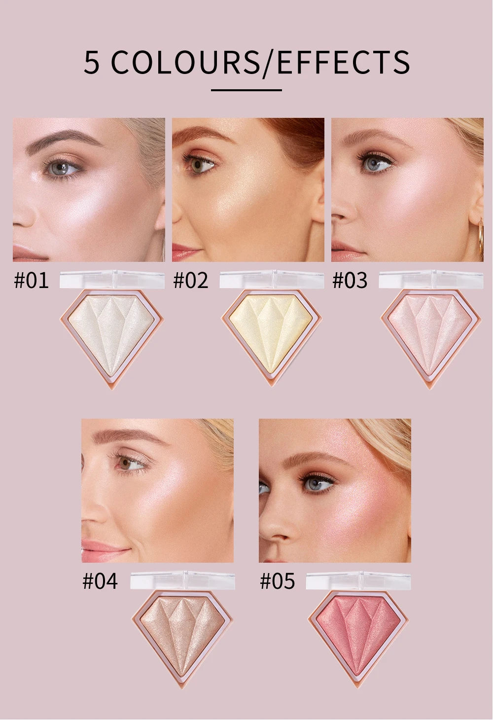 Natural Diamond Highlighter Powder 5 Color Shimmer Contour Nose Shadow Brightening Face Makeup Cosmetics Palette