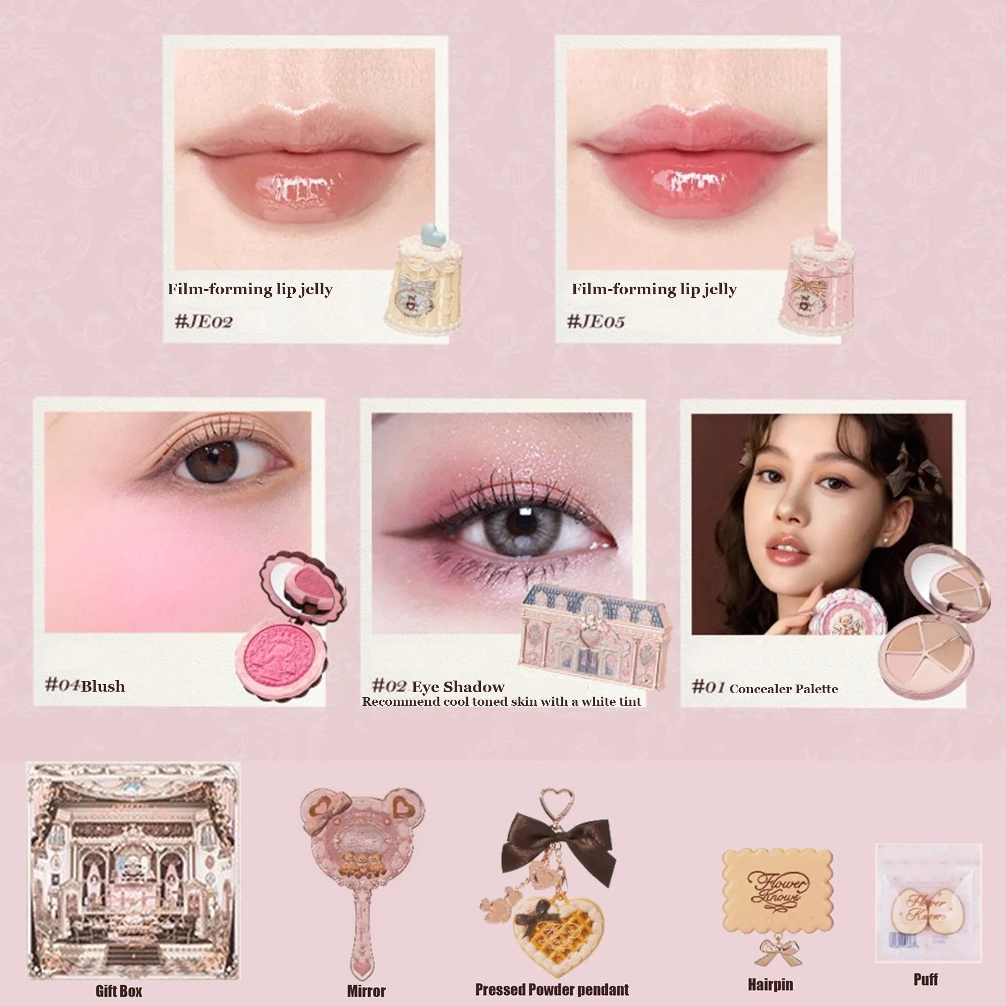 Flower Knows SWEETIE BEAR Makeup Box Gift Set All In One Perfume Shimmer Eye Shadow Palette Blush Lip Jelly Box 10 PCS