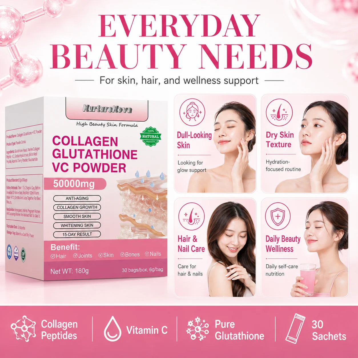 Collagen Peptides Glutathione Vitamin C Powder 30 Sachets, Marine Collagen Drink Mix for Beauty Wellness Support Adults 180g