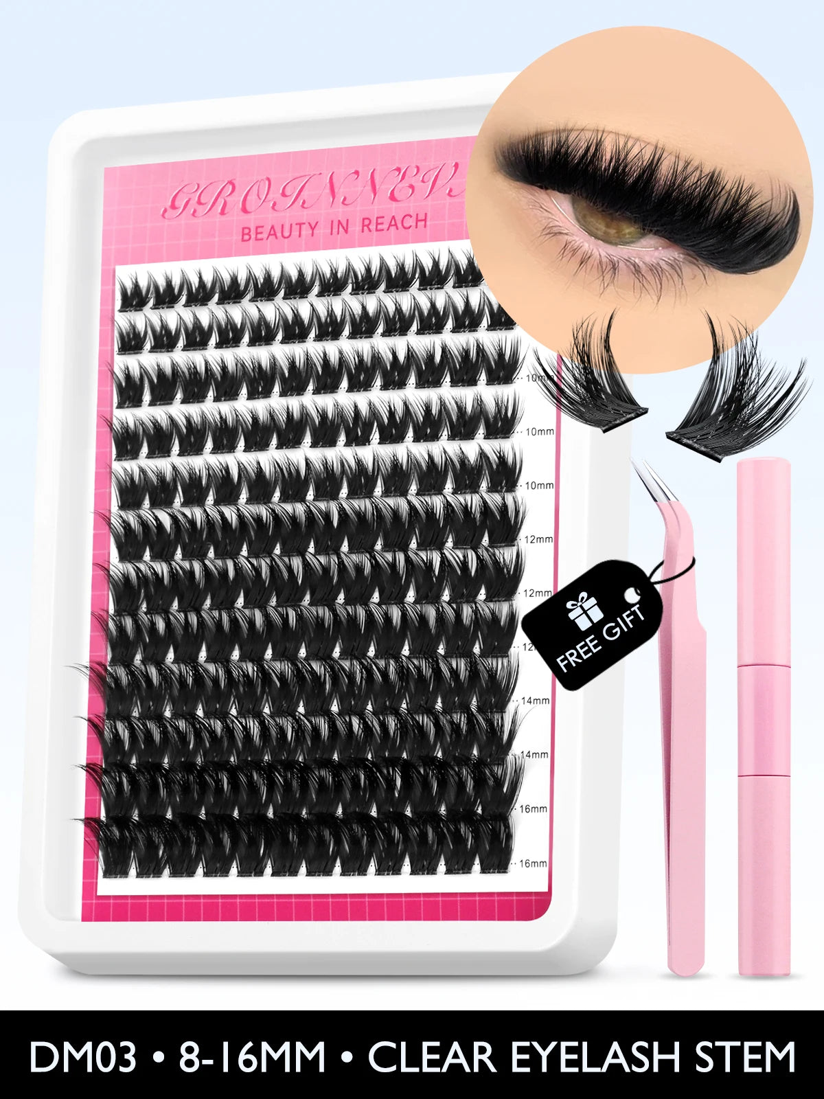 GROINNEYA Lash Clusters Kit Fluffy Individual Lashes C Curl Cluster DIY Lash Extension Kit Lash Bond and Seal Eyelash Extensions