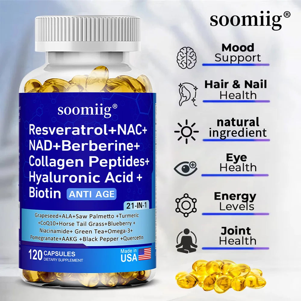 Vitamax 21-in-1 Supplement | NAD+ Resveratrol Collagen Berberine | Supports Hair, Skin, Nails, Joints, Anti-aging, Firming Skin