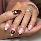 24PCS Medium Almond Press On Nails Wine Red Cute Cartoon Rabbit Bowknot Plaid Pearl False Nails Kawaii Nails Full Cover Wearable