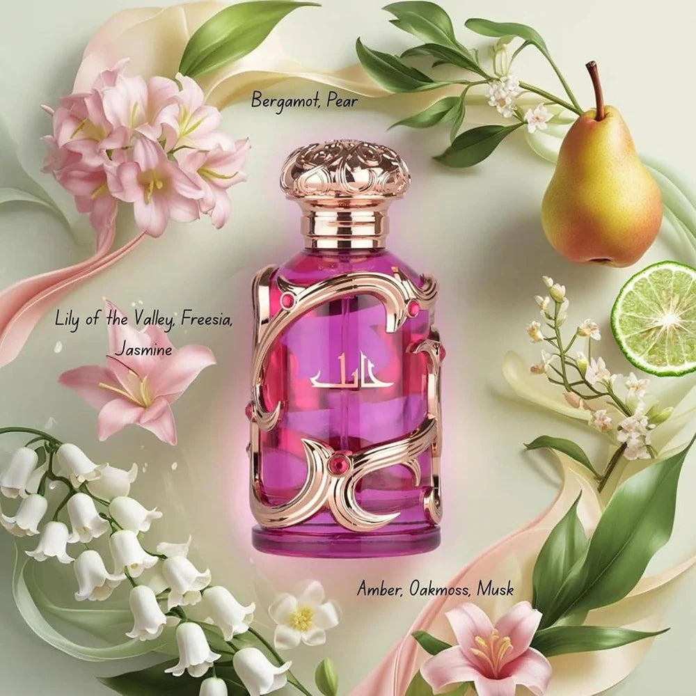 Luxury Habiik Decorative Women Perfume 100ml, Soft Pear Jasmine Oriental Fragrance, Rose Gold Engraved Metal Cage Pink Glass Bottle, Ready Gift Box for Her Birthday Holiday