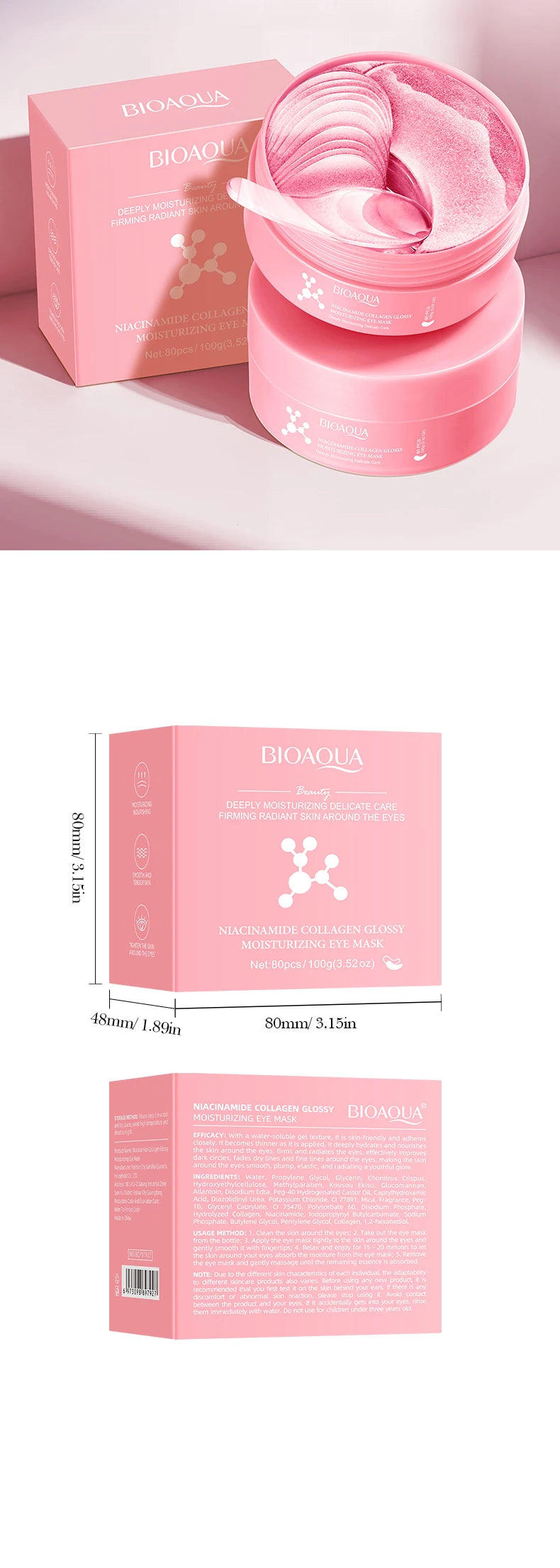 80 Pieces of Niacinamide Collagen Eye Mask, Anti-Dark Circles, Whitening, Anti-Wrinkle, Moisturizing, Anti-Aging Eye Patches