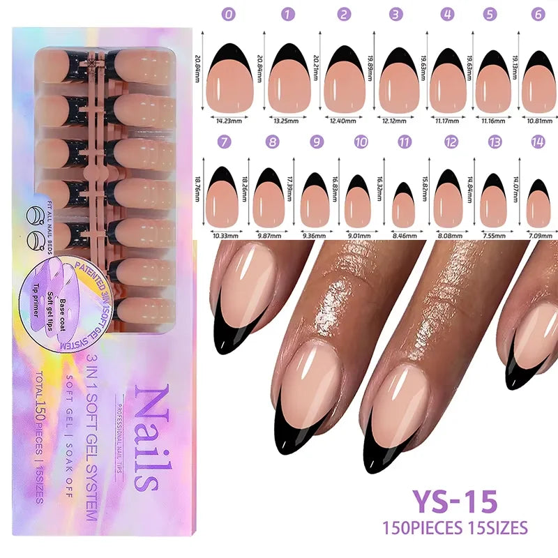150Pcs/Box Acrylic Press on Nails Full Cover Fake False Tips Soft Gel Extension T-shaped Oval Capsule Almond Sculpted Salon DIY