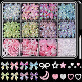 12Grid/Box Mixed Resin Bowknot Nail Charms 3D Colorful Bow Kawaii Rhinestone Nail Art Decorations DIY Manicure Parts Pen Tweezer