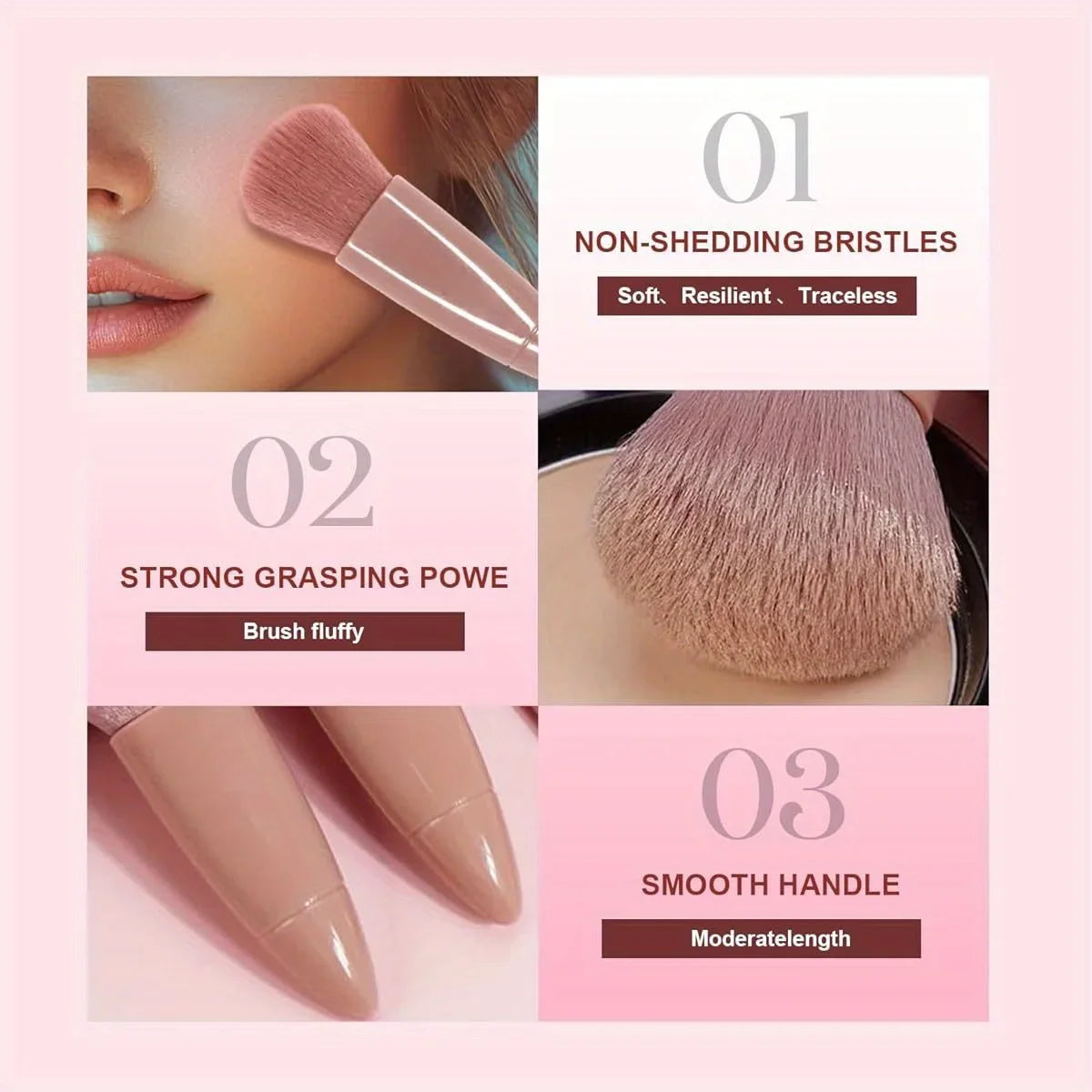 1 Set Chic Pink Makeup Brush Set - Mirror Compact, 5pcs Soft Bristles Versatile for Blush Eye Foundation