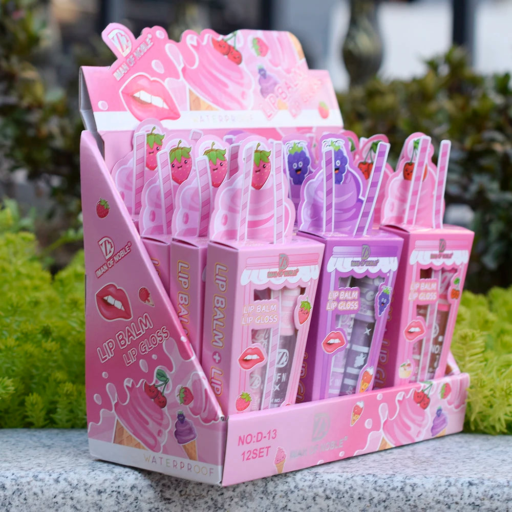 Cute Ice Cream Shiny Lip Gloss Lip Balm Set Girls Woman Waterproof Longlasting Natural Moisturizing Lips Makeup