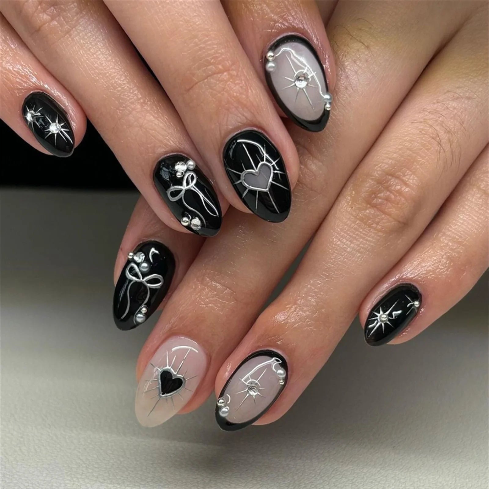 24PCS Long Press On NailsStiletto Black Silver Bowknot Dissymmetry Fake Nails Powder Full Cover Fake Nail Set Nails Art