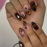 24Pcs Dark Press on Fake Nails with Black Glitter 3D Metallic Designs Sweet Cool Almond False Nails Detachable Nails Spice Girls
