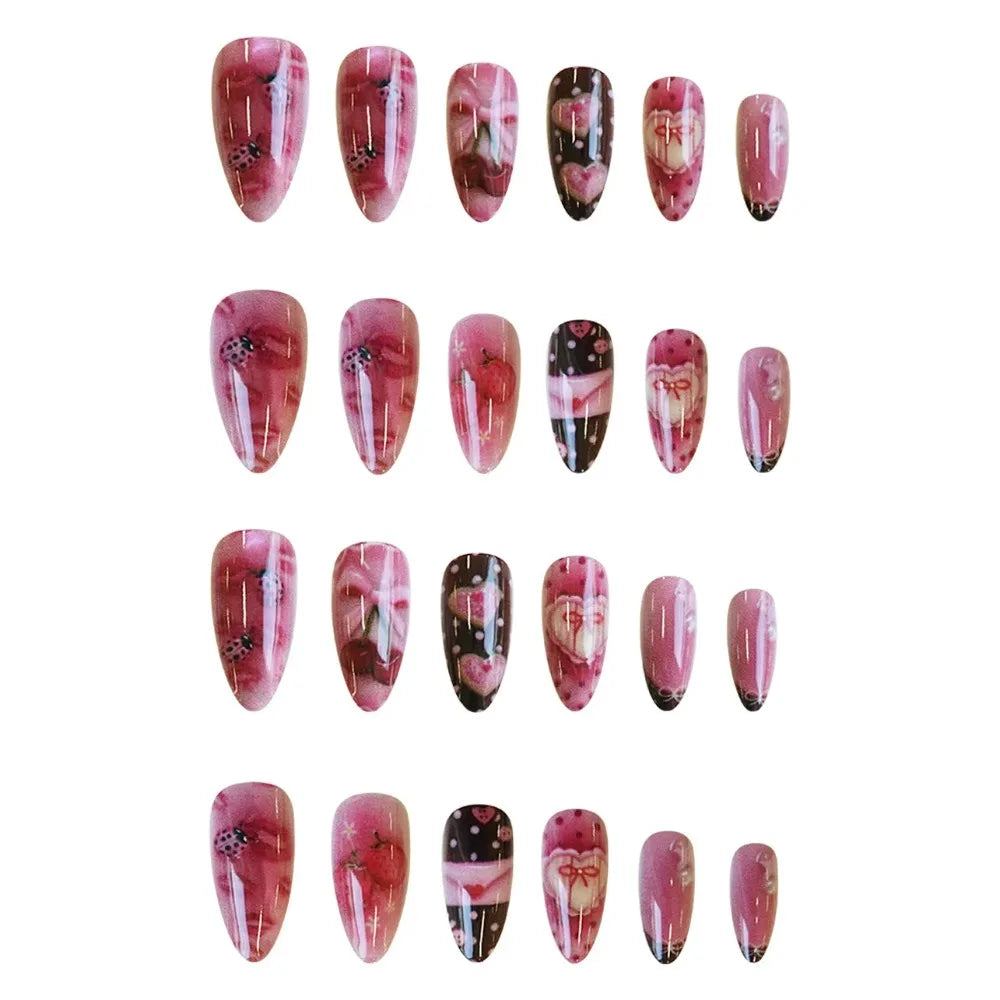24Pcs Blue Almond Press on Nails with 3D Pearl Design Mid-length Oval False Nails Tips Bow Pattern Wearable Fake Nail for Women