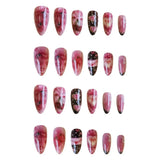24Pcs Blue Almond Press on Nails with 3D Pearl Design Mid-length Oval False Nails Tips Bow Pattern Wearable Fake Nail for Women