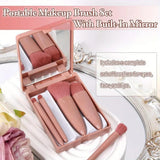 1 Set Chic Pink Makeup Brush Set - Mirror Compact, 5pcs Soft Bristles Versatile for Blush Eye Foundation