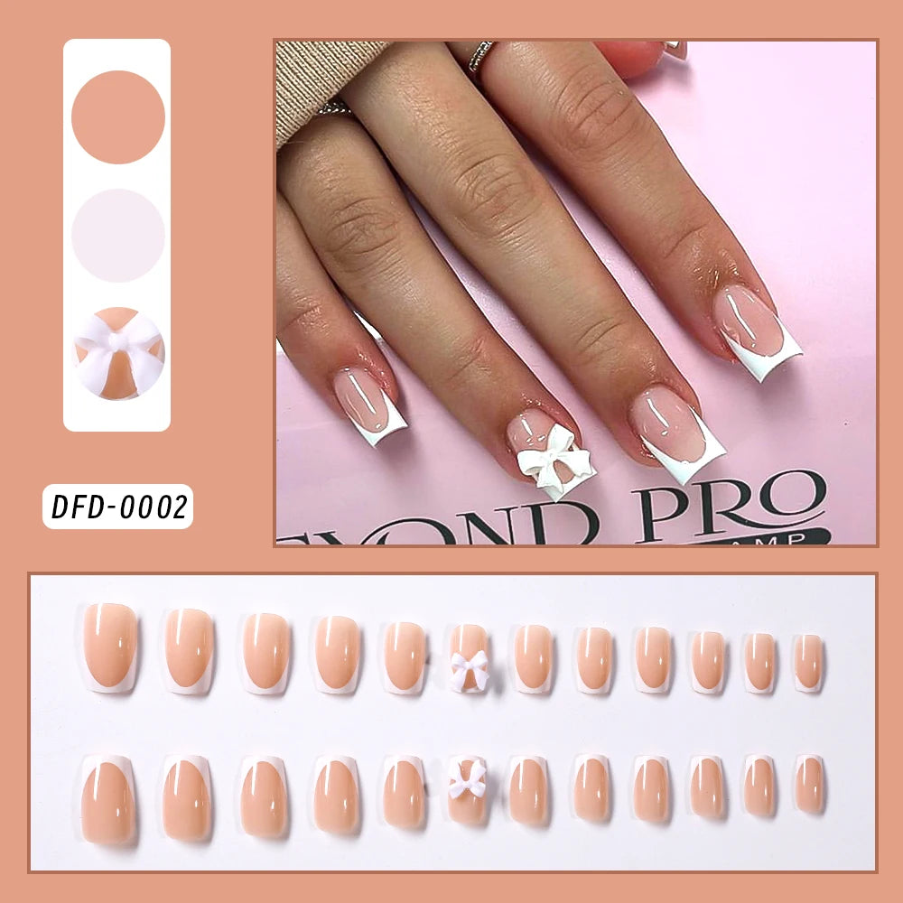 24Pcs Short Square Coffin False Nails French Glitter Wearable Fake Nails Acrylic Full Cover Women Ballet Press on Nails Tips