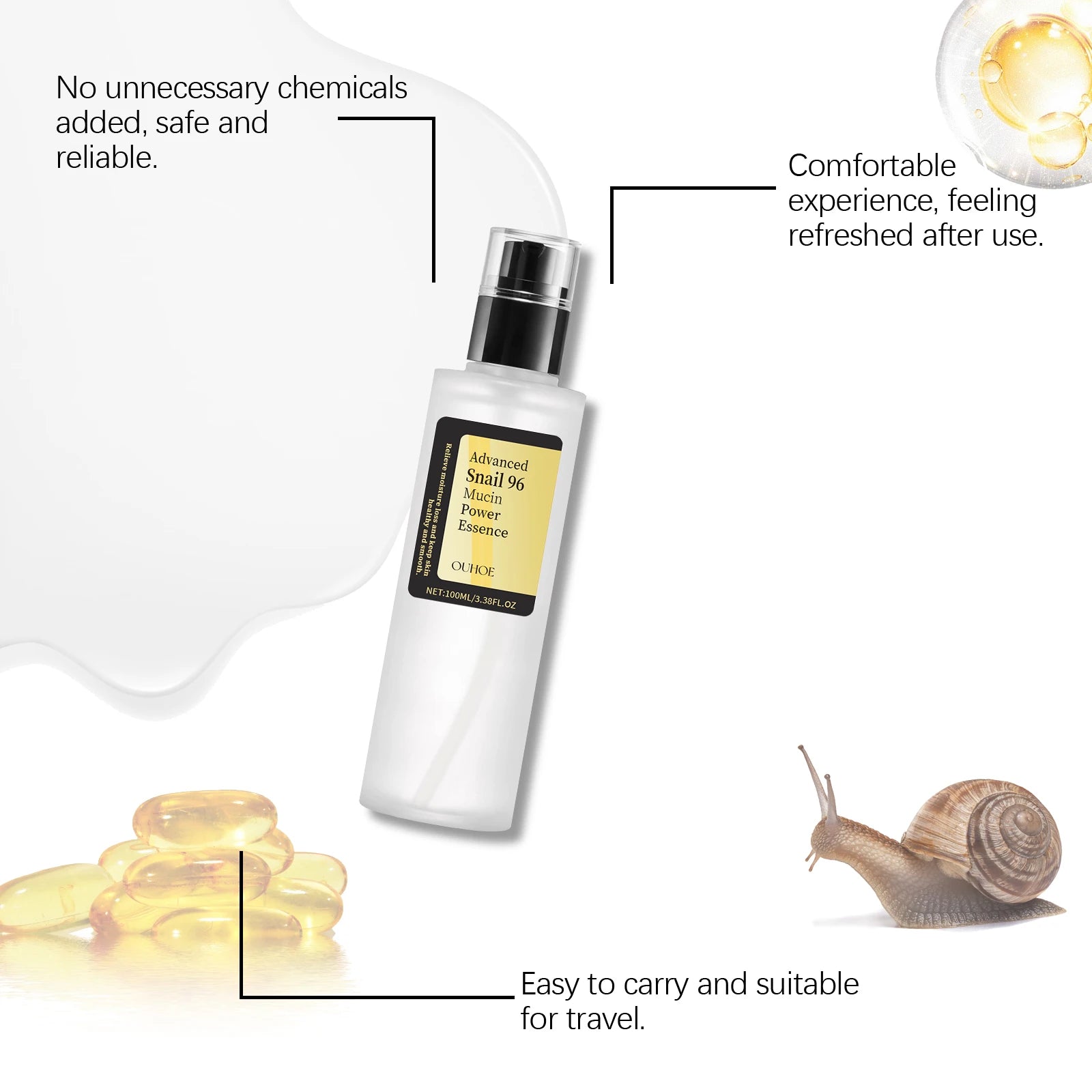 Snail Moisturizing Essence Water Hydrates and Moisturizes, Improves Skin Dryness, Brightening and Nourishing Facial Care Essence