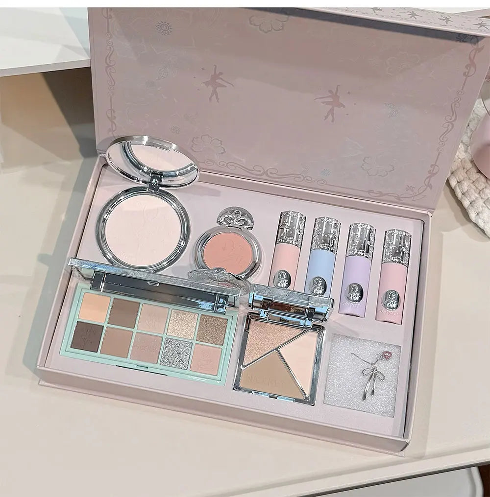 NICEKEY Pink Ballet Makeup Sets Include 4 Lip Mud,1 Blush,1 Pressed Powder,1 Eyes Palette,1 Contour Palette With Necklace Gift