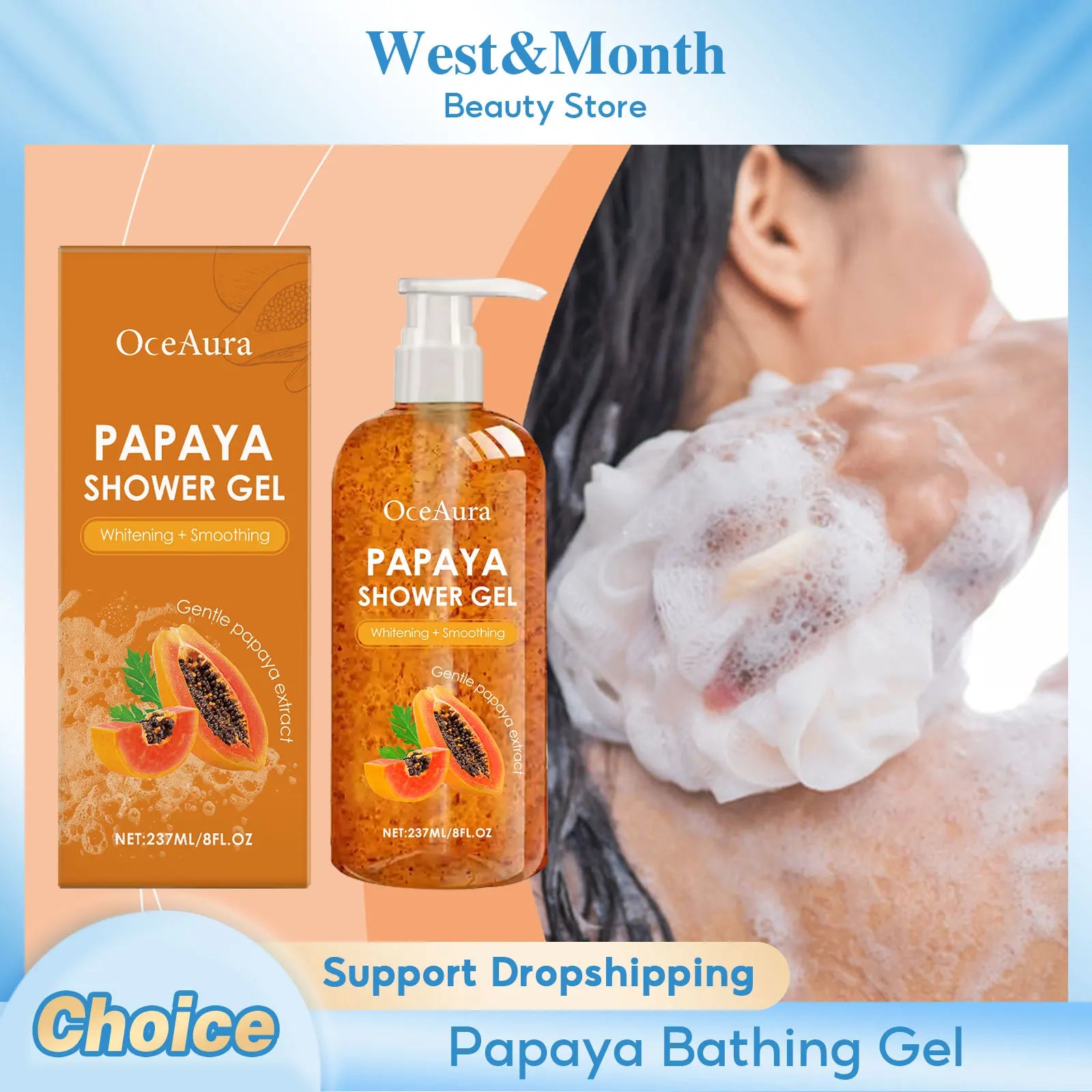 Papaya Shower Gel Whitening Smoothing Cleansing Remove Dirt Fade Pigmentation Rich Foam Lasting Aroma Hydrate Refresh Body Wash
