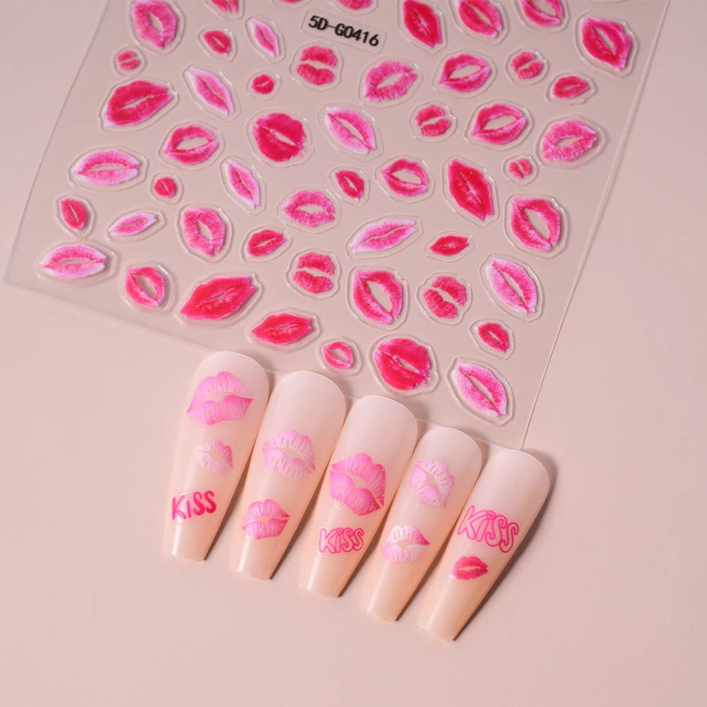 5D Embossed Sexy Red/Pink Lips Nail Stickers Self-Adhesive Blooming Red Lips Nail Decal Romantic Luxy Lady Lips Manicure Slider