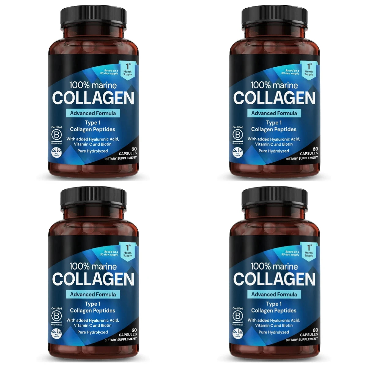 Marine Collagen Capsules for Women & Men, Type I Peptides with Hyaluronic Acid, Vitamin C & Biotin, Beauty Glow Nails, 60 Count
