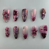 24pcs Flower Print Press on Nails Wine Red Blush Almond False Nail Tips Wearable Reusable Summer Spicy Girl Fake Nails