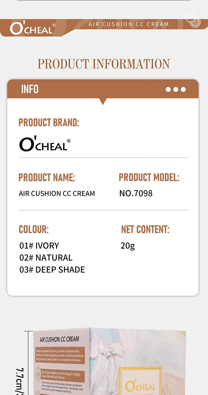 O'CHEAL Mushroom Cushion CC Cream Face Airy Coverage Long-lasting Moisturizing Waterproof Oil Control Concealer BB Cream Makeup