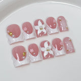 10Pcs Sweet Mid-length Ballet False Nails Art Fashion Pink Cat Eye Lovely Bow Wearable Finished Nails Set Summer Acrylic Nails