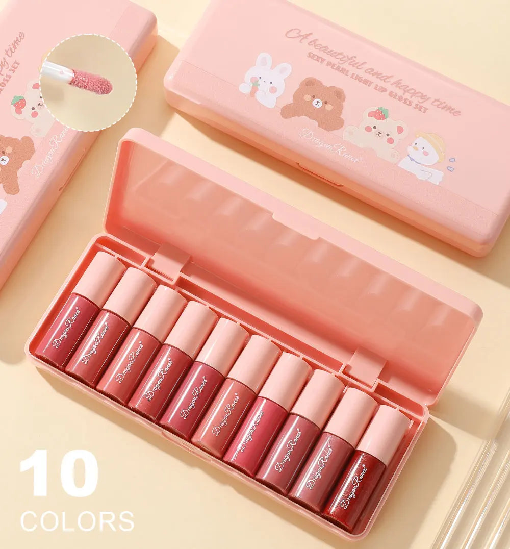Set of 10 Shimmering Lip Glosses, Easy-To-Apply Lip Glaze, Non-Stick, Non-Fading, Moisturizing, Shiny Lip Gloss, Glass Lip Gloss with Fine Shimmer and Pearlescent Effect