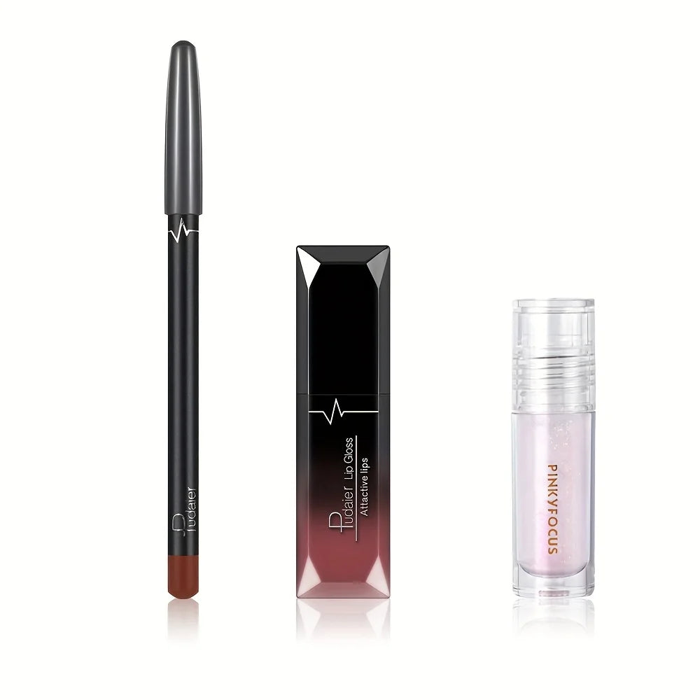 3PCS Ombre Lip Kit: Lip Liner + Lip Gloss + Lip Oil, Gradient Lips Makeup, Nude Shades, Hydrating, Non-Sticky