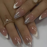 24Pcs Metallic Cat Eye French Sheer Manicure Tip Art Textured 3D Acrylic False Nails Nude Pink Almond Medium Press on Fake Nails