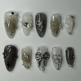 24Pcs Dark Press on Fake Nails with Black Glitter 3D Metallic Designs Sweet Cool Almond False Nails Detachable Nails Spice Girls