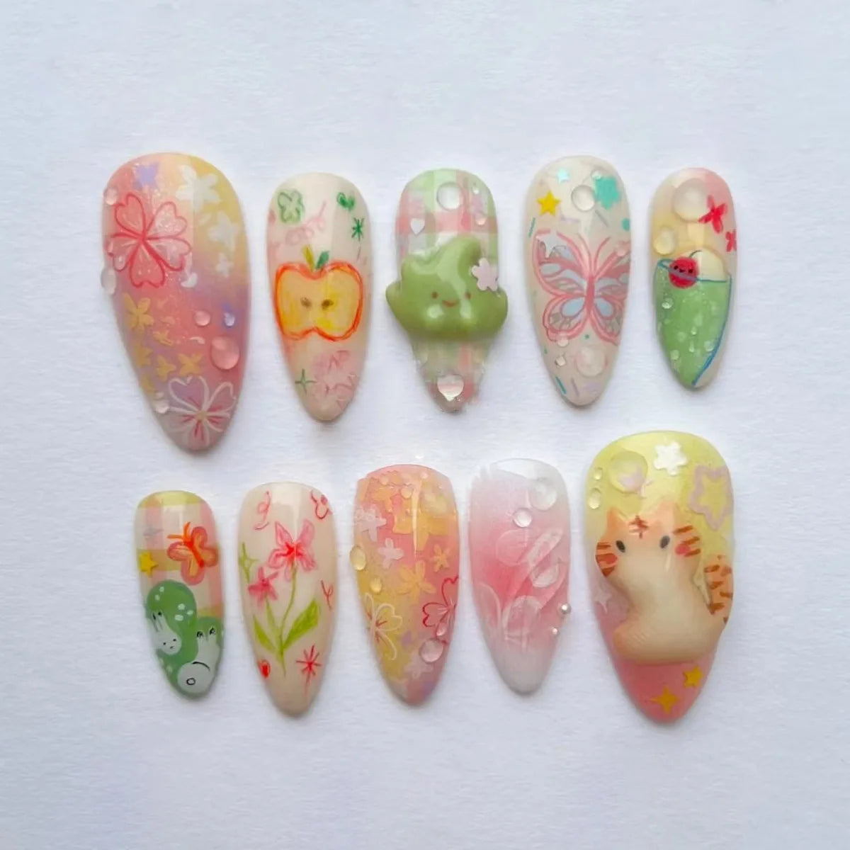 24pcs White Flower Fake Nail Tips Ins Yellow Pink Blush False Nails Wearable Full Cover European Almond Shaped Press on Nails