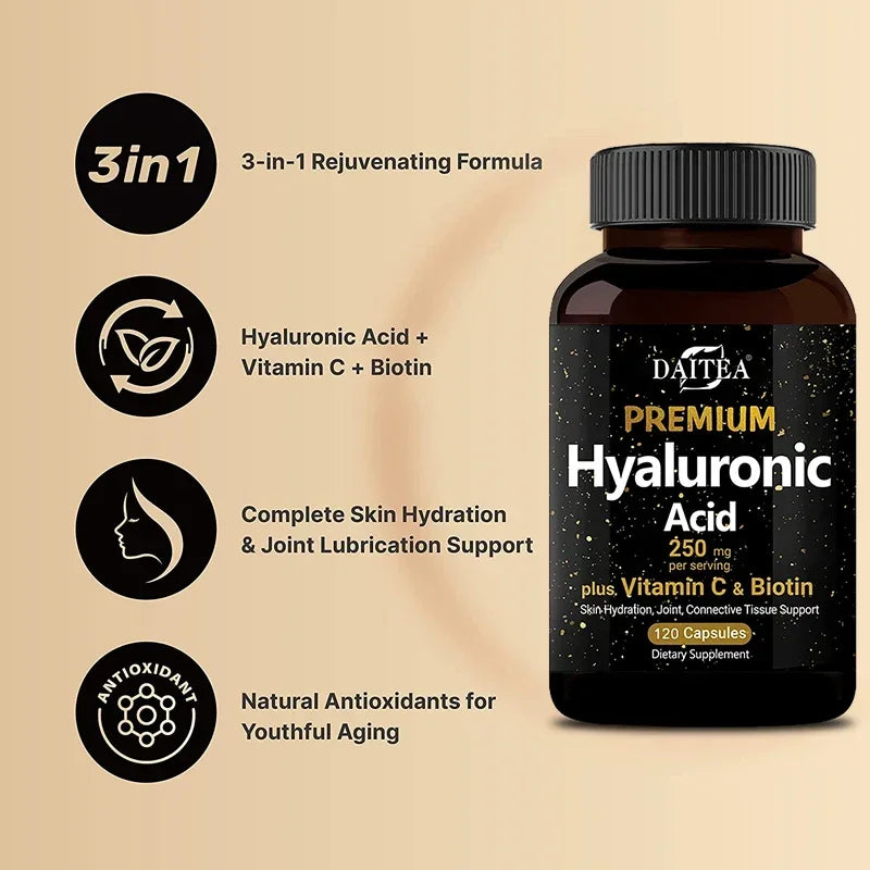 With Biotin & Vitamin C, Hyaluronic Acid 250 Mg, 3-in-1 - Skin Moisturization, Joint Comfort, Hair & Eye Health