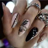 24Pcs Dark Press on Fake Nails with Black Glitter 3D Metallic Designs Sweet Cool Almond False Nails Detachable Nails Spice Girls