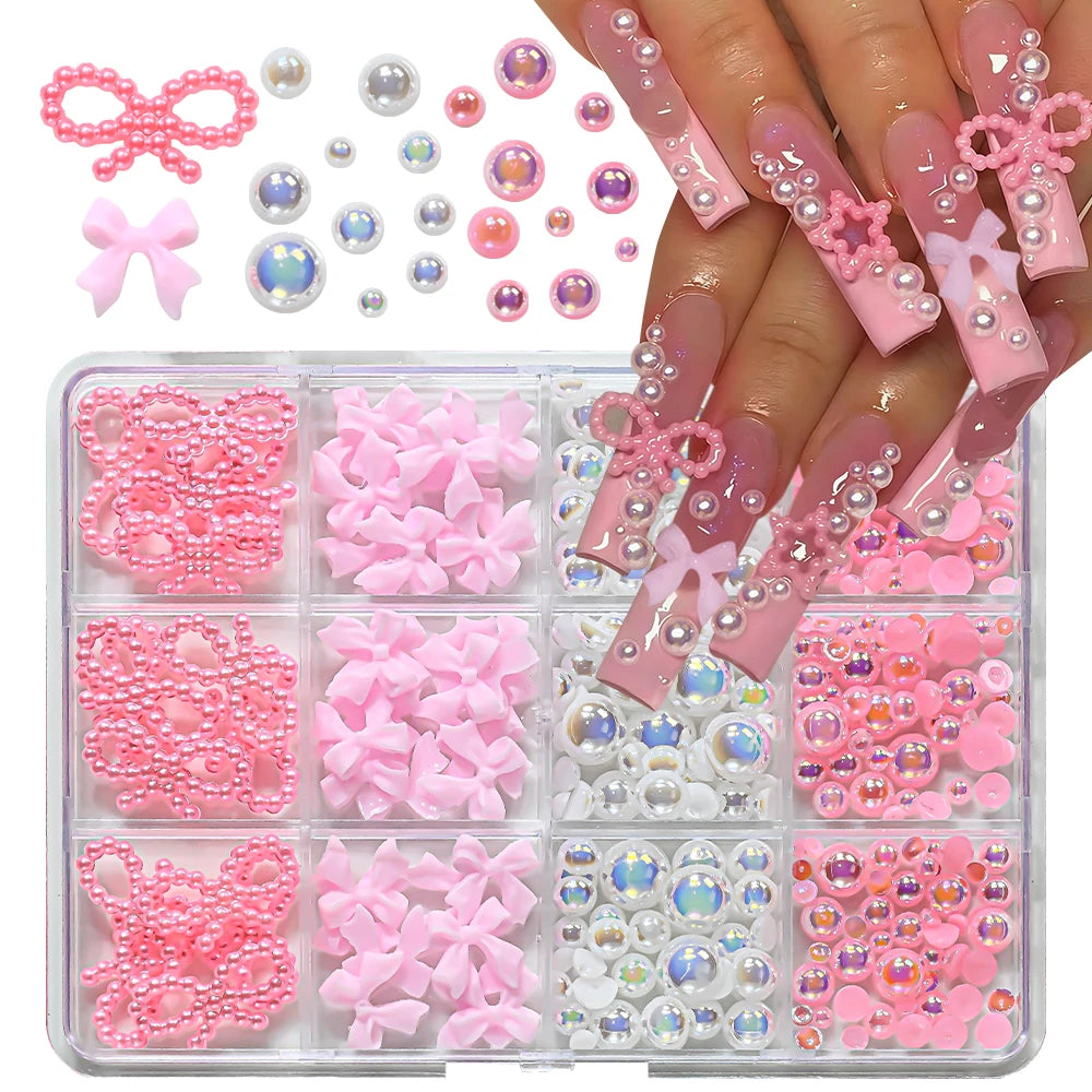 12Grid/Box Mixed Resin Bowknot Nail Charms 3D Colorful Bow Kawaii Rhinestone Nail Art Decorations DIY Manicure Parts Pen Tweezer