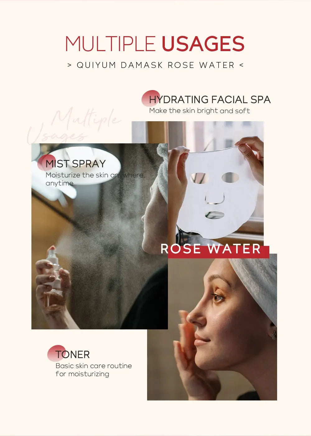 Damask Rose Hydrosol Rose Water Nourishing Skin Improve Dullness Facial Hydrating and Moisturizing Toner Face Serum Skincare
