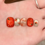 10pcs Festive Red Oval Short Press-On Nails with Cute Tomato Design Glossy Finish Holiday Nail Art Set for Women and Girls Wear