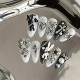 10pcs personalized black and white nail art, rabbit and bow decoration - Gothic minimalist style, suitable for daily wear